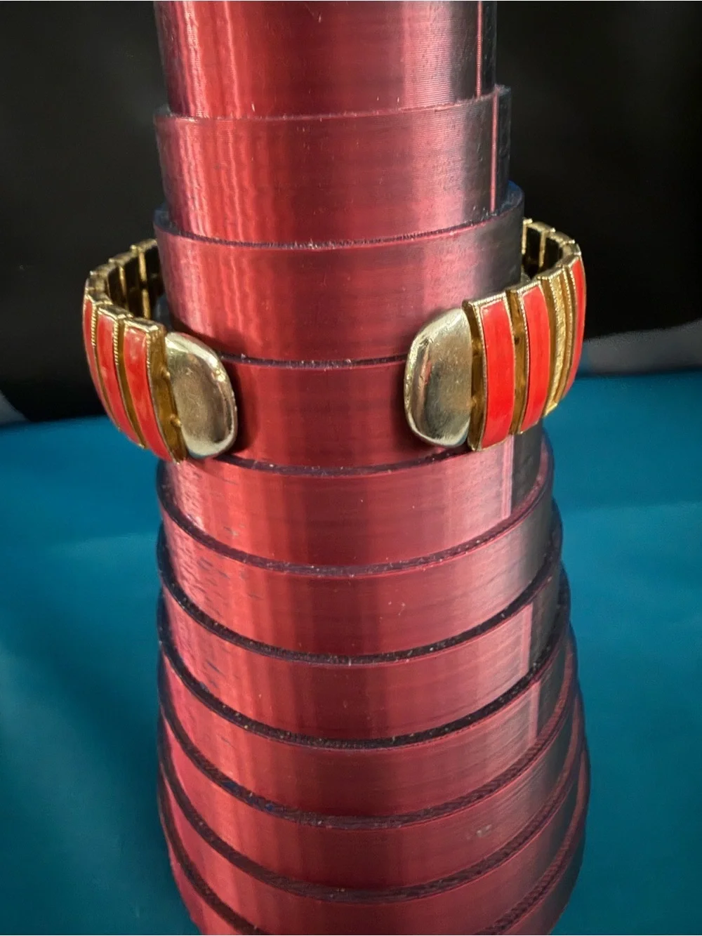 Vintage Gold Tone Cuff Bracelet with Coral Red Enamel Bars